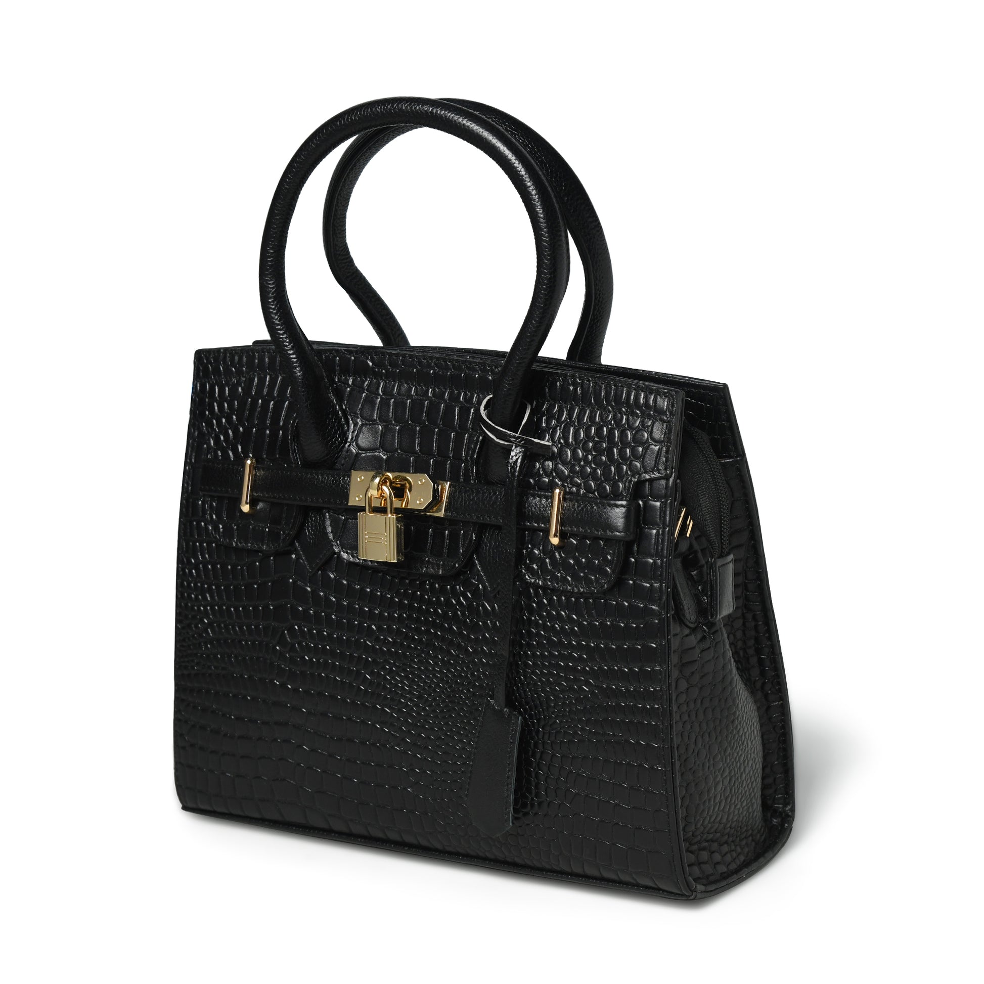 Black leather bag - front view with gold padlock, handcrafted buffalo leather | Hema Emporium