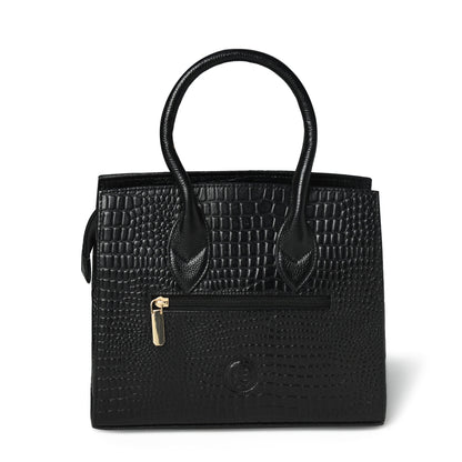 Black Leather Bag - back view with zipper pocket, handcrafted buffalo leather | Hema Emporium