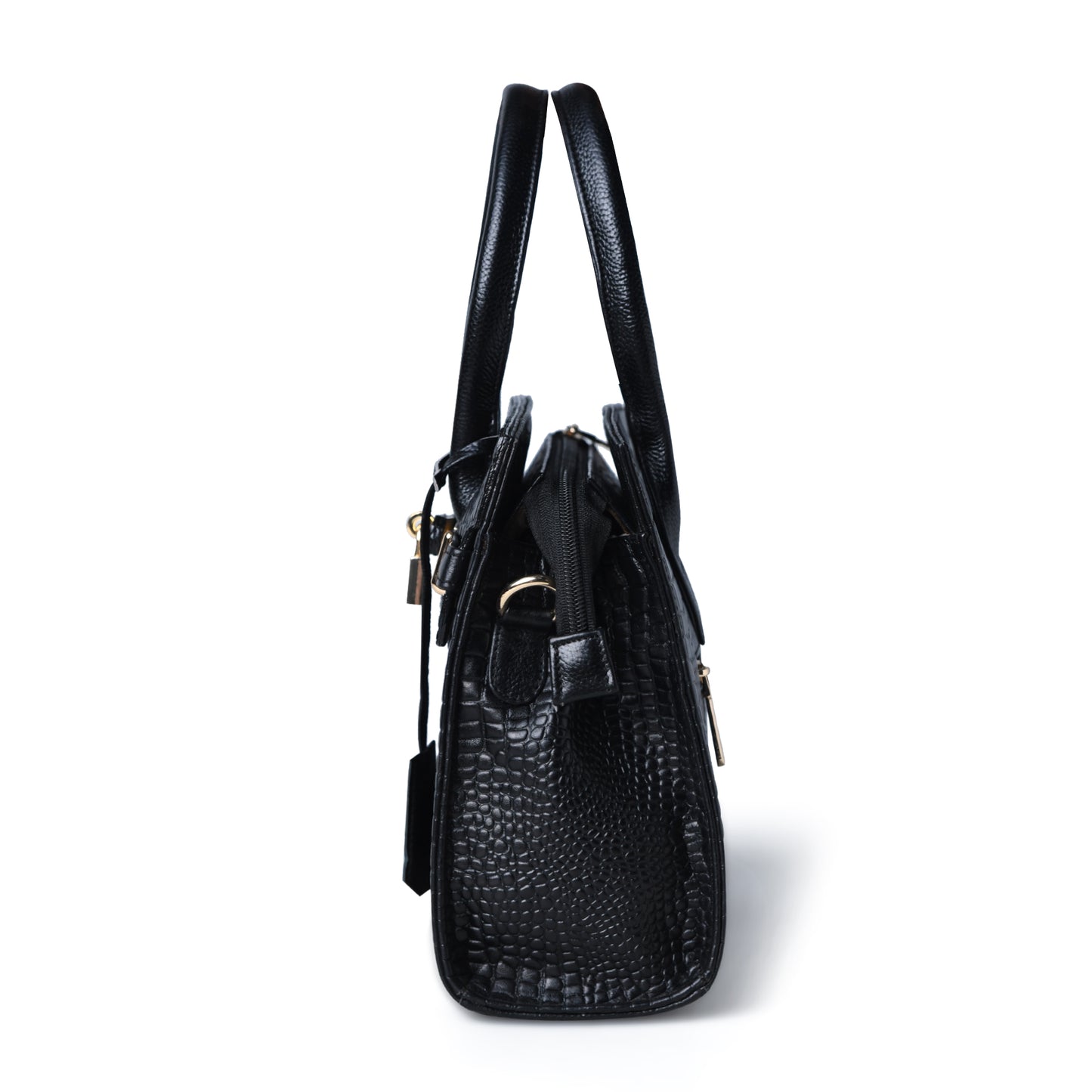 Black Leather Bag - side view, handcrafted buffalo leather | Hema Emporium