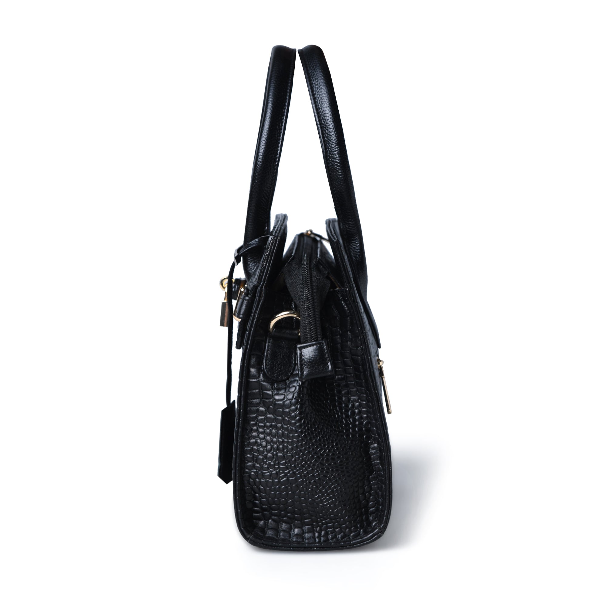 Black Leather Bag - side view, handcrafted buffalo leather | Hema Emporium
