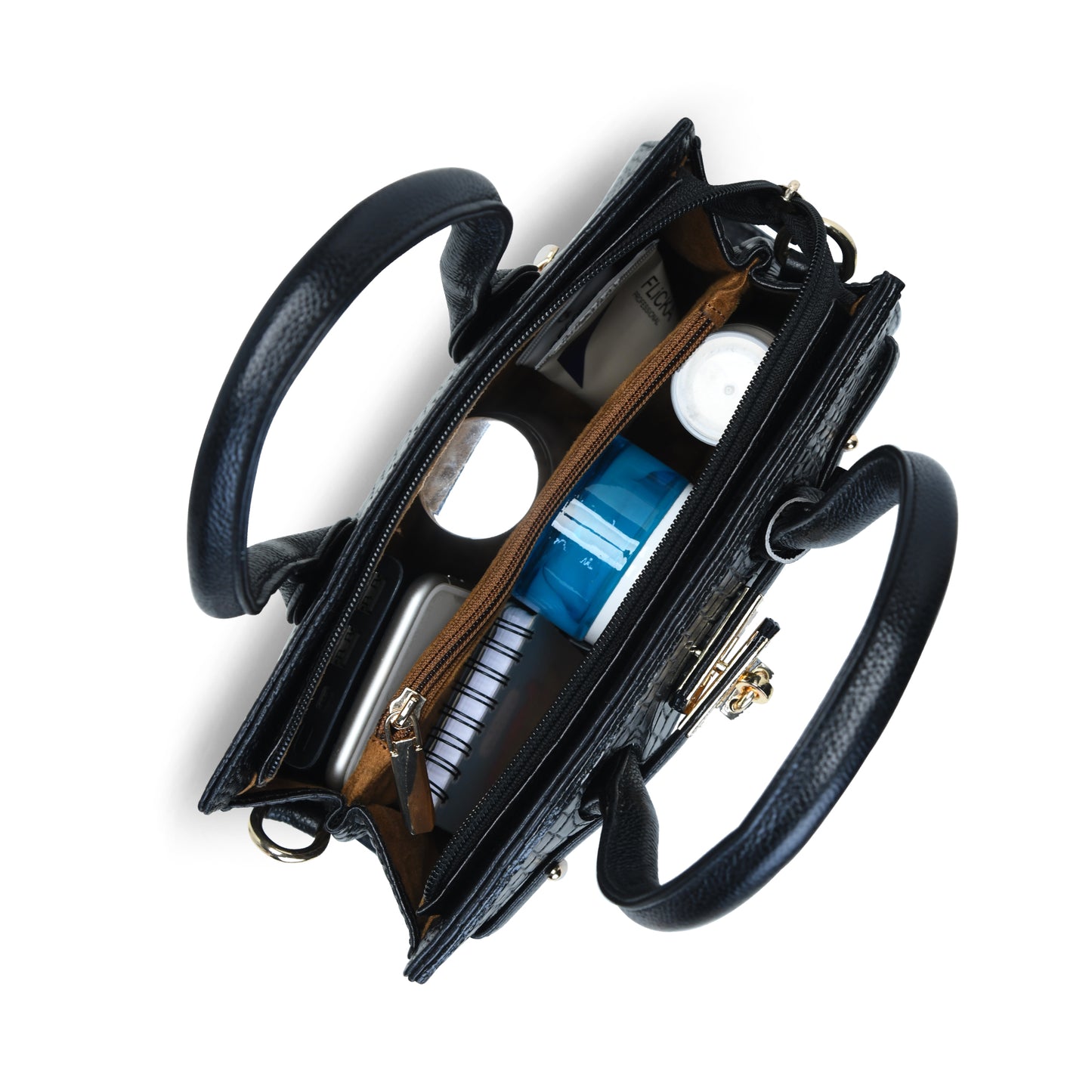 Black leather bag - top view of open interior compartments, handcrafted buffalo leather | Hema Emporium