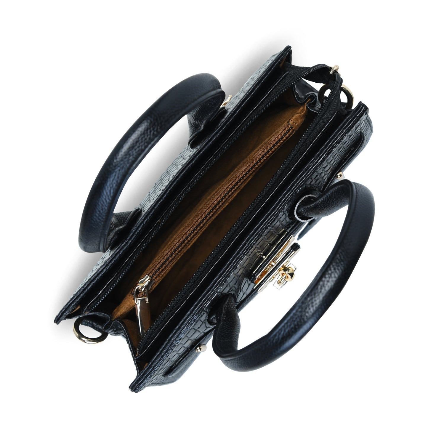 Black Leather Bag - top view of open interior compartments, handcrafted buffalo leather | Hema Emporium