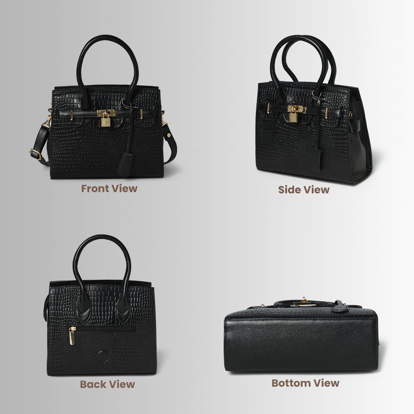 Black leather bag - front, side, back, and bottom views, handcrafted buffalo leather | Hema Emporium
