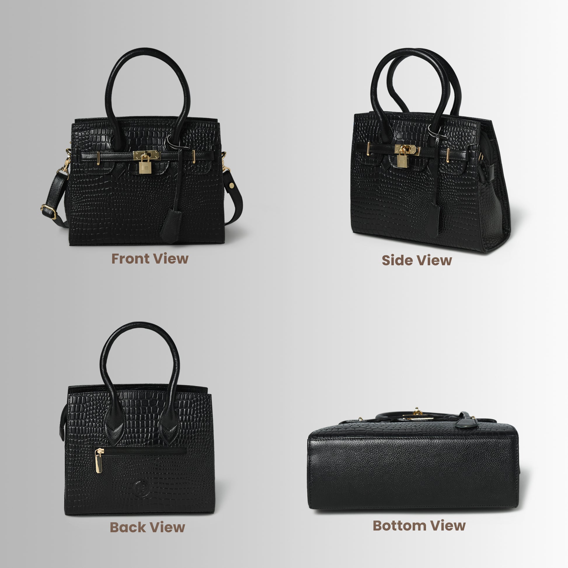 Black leather bag - front, side, back, and bottom views, handcrafted buffalo leather | Hema Emporium