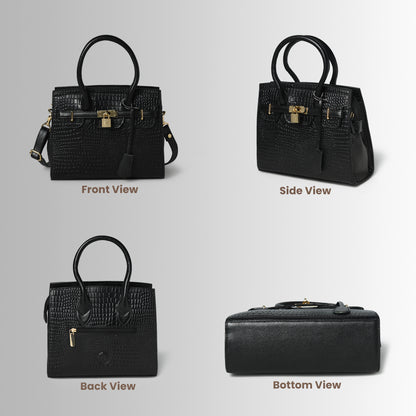 Black leather bag - front, side, back, and bottom views, handcrafted buffalo leather | Hema Emporium