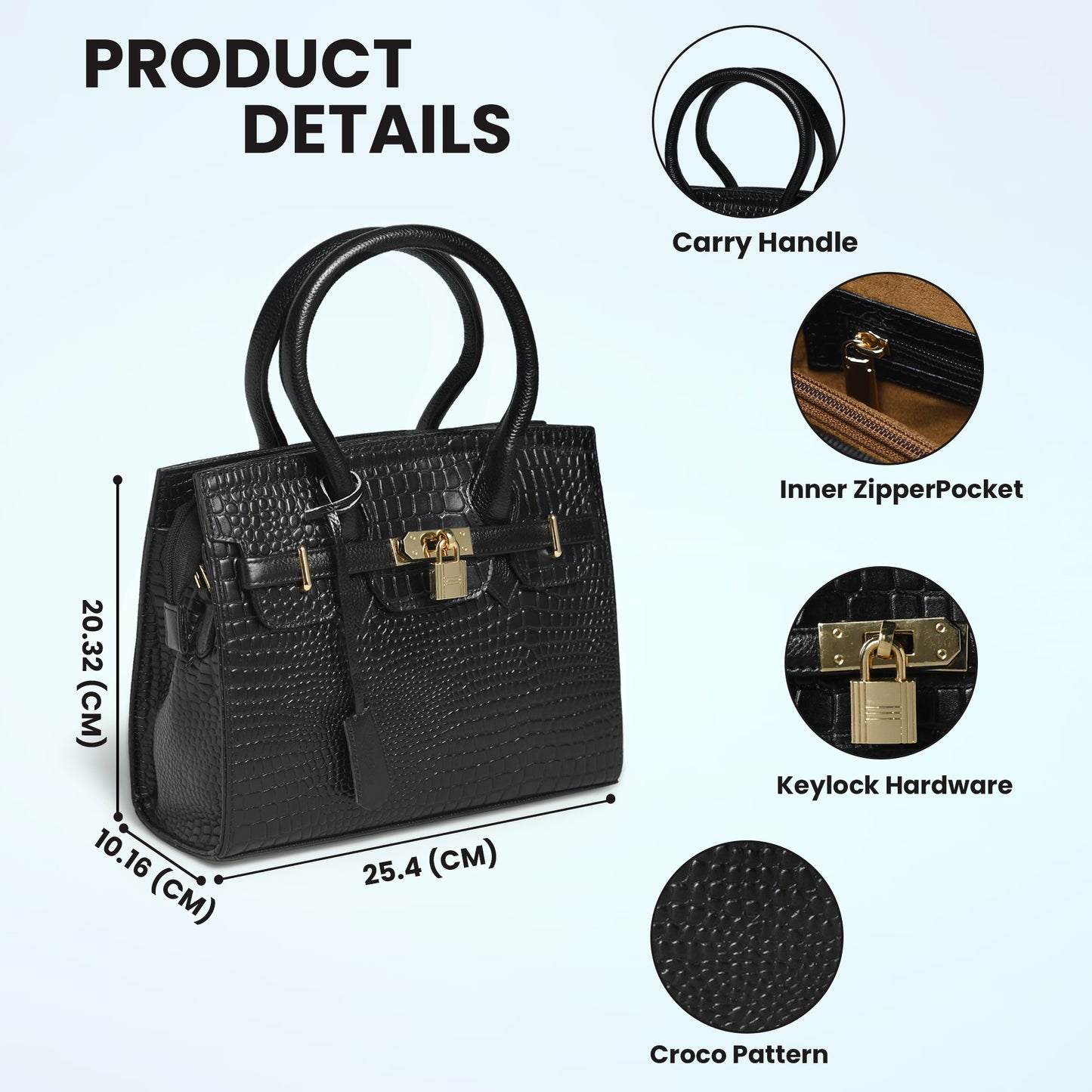 Black Leather Bag - product dimensions and feature callouts, handcrafted buffalo leather | Hema Emporium