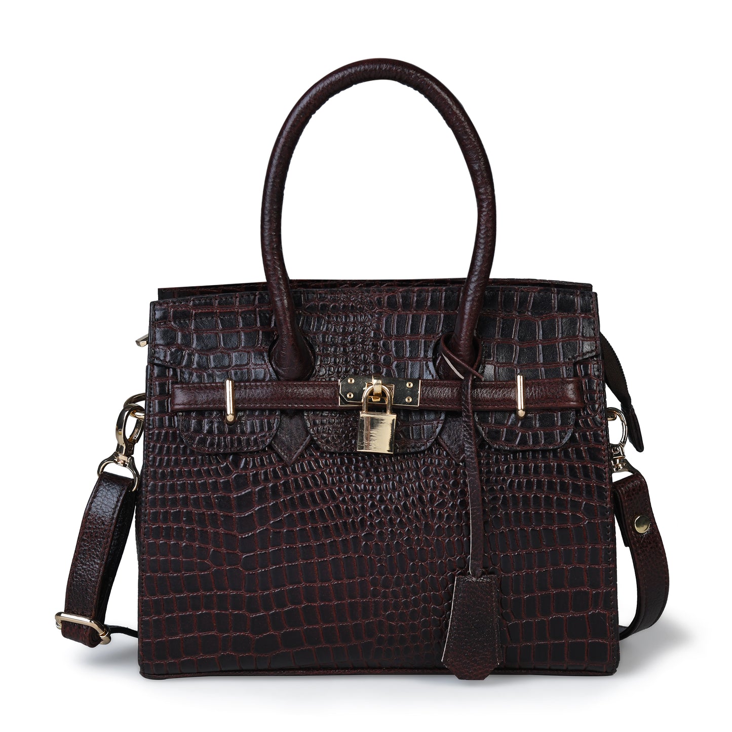 brown leather bag - front view with gold padlock, handcrafted buffalo leather | Hema Emporium
