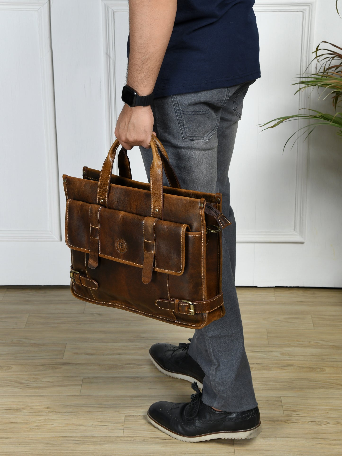 Vintage Belt-Lock Laptop Satchel - Brown