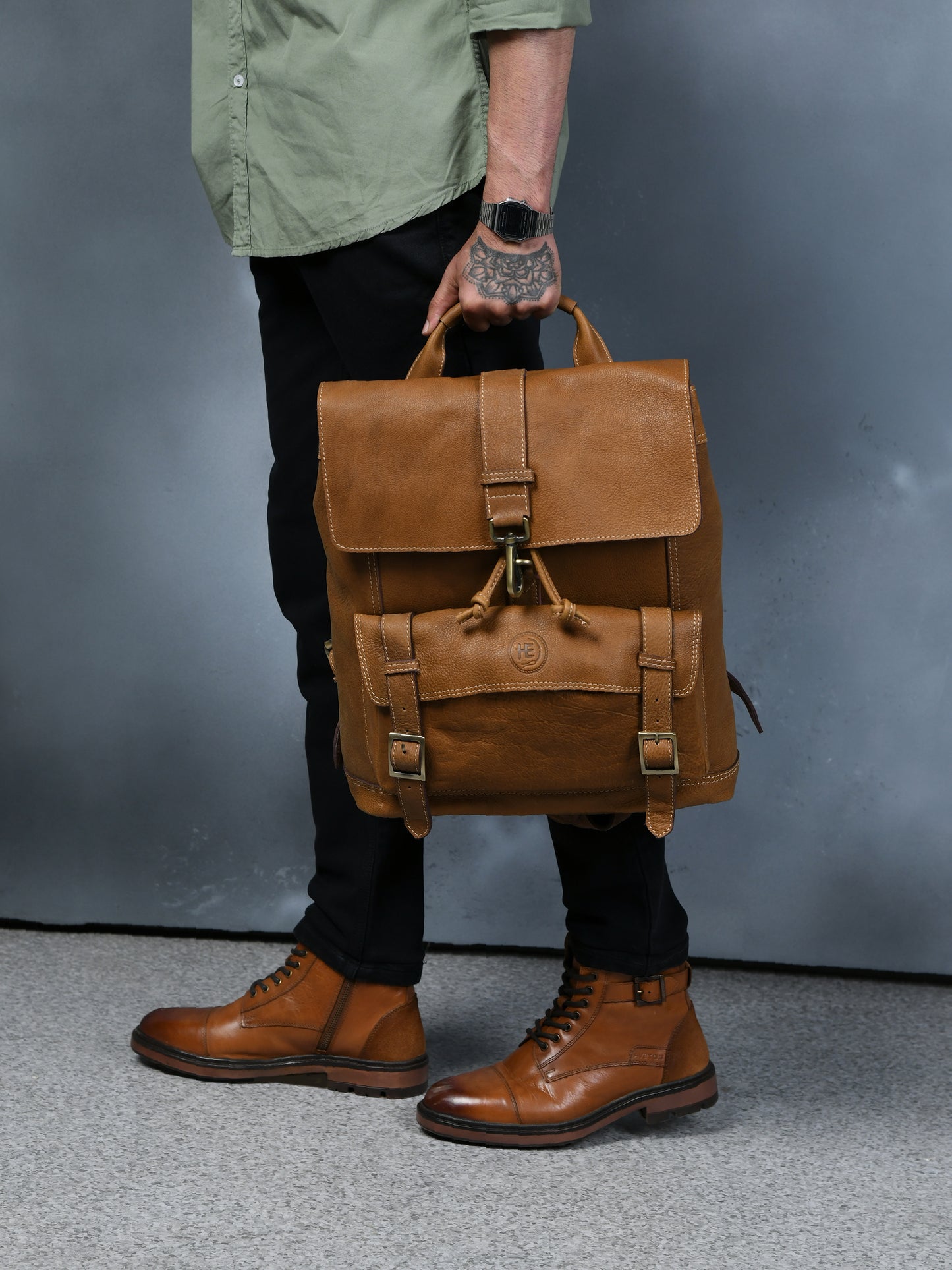 Draw String Leather Backpack - Brown