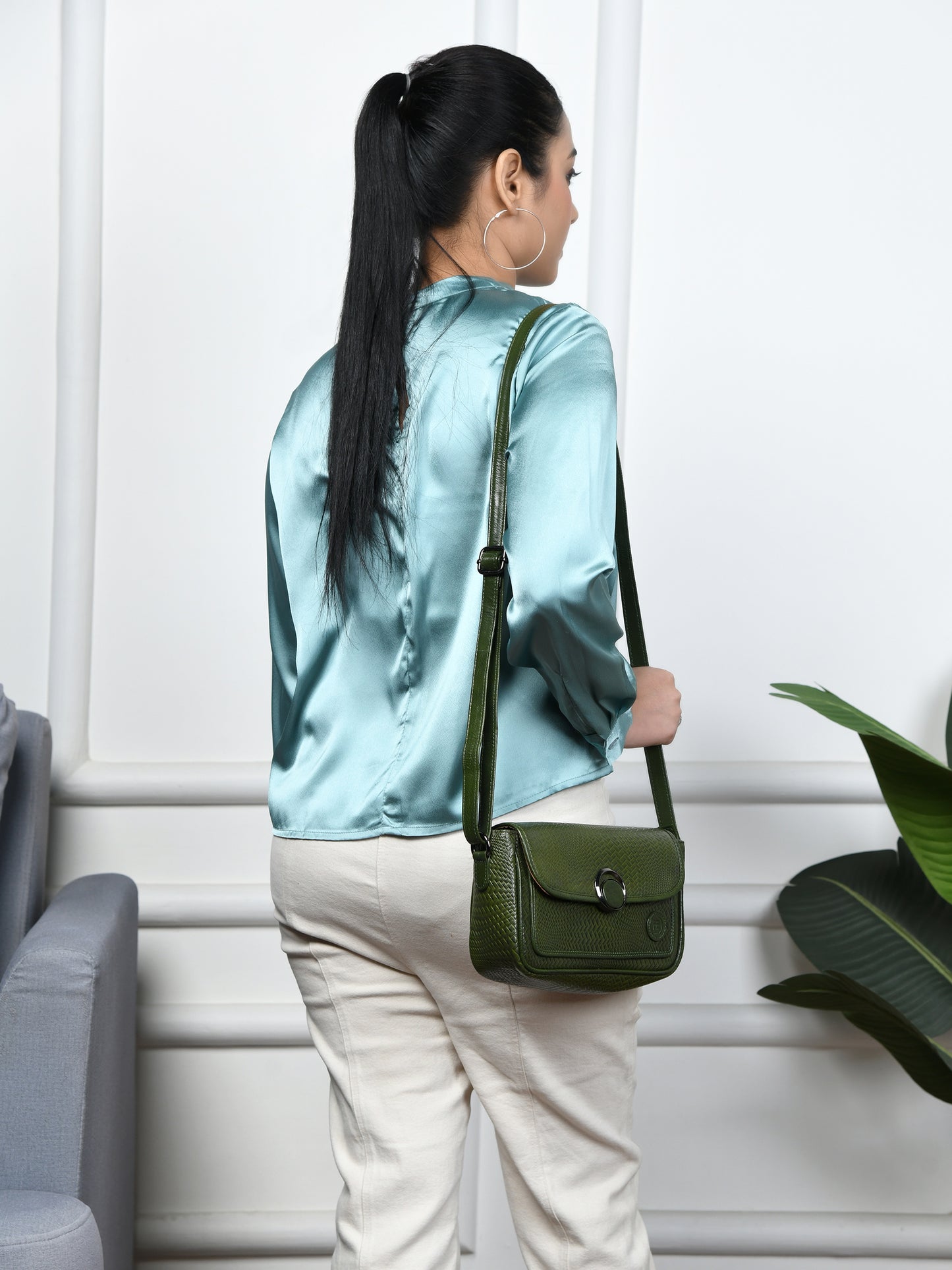 Leather Pouch | zig zag pattern Sling bag - Olive Green