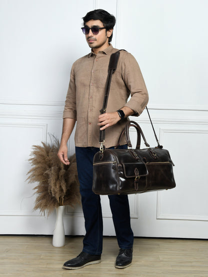 Classic Leather Travel Duffle – Top-Zip Design - Dark Brown