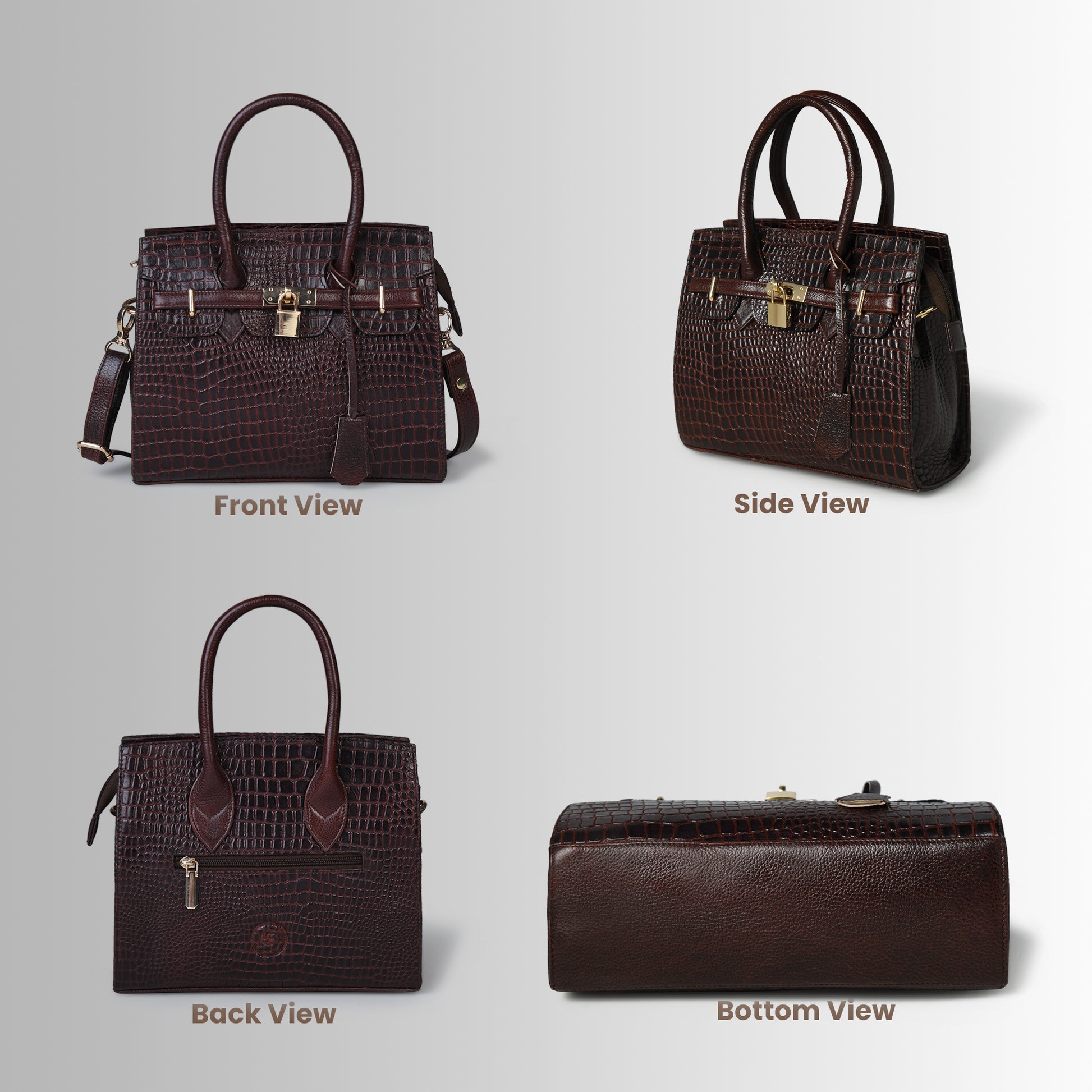 brown Leather Bag - front, side, back, and bottom views, handcrafted buffalo leather | Hema Emporium