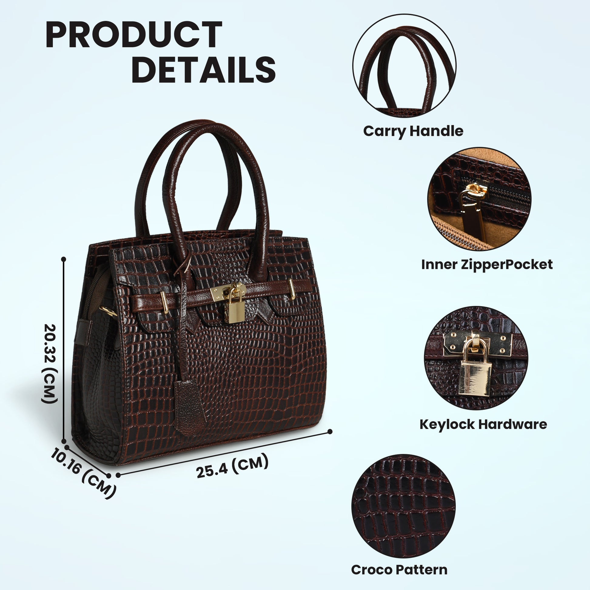 Brown Leather Bag - product dimensions and feature callouts, handcrafted buffalo leather | Hema Emporium