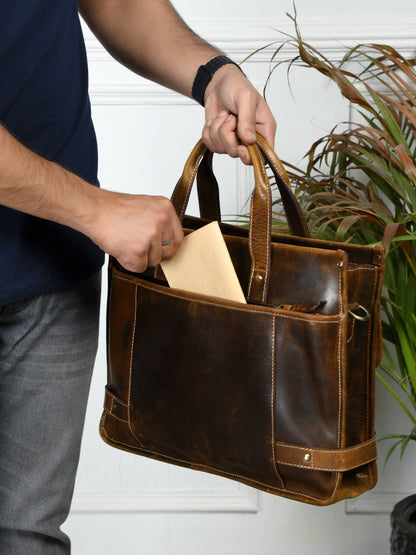 Vintage Belt-Lock Laptop Satchel - Brown