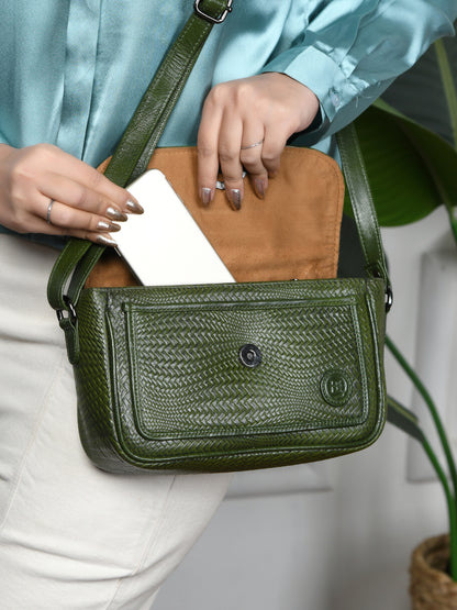 Leather Pouch | zig zag pattern Sling bag - Olive Green