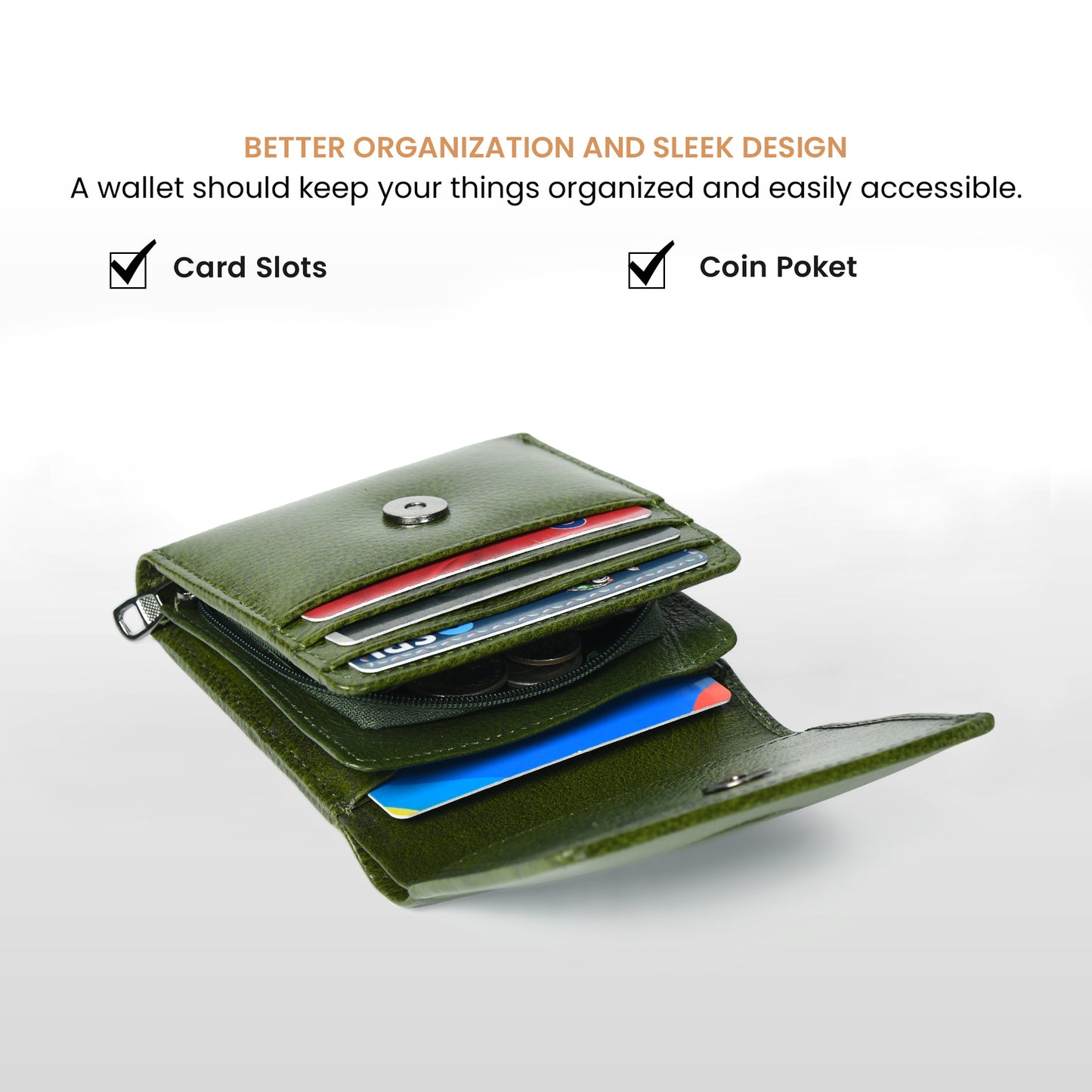 Minimalist Leather Wallet with Coin Pocket - Forest Green