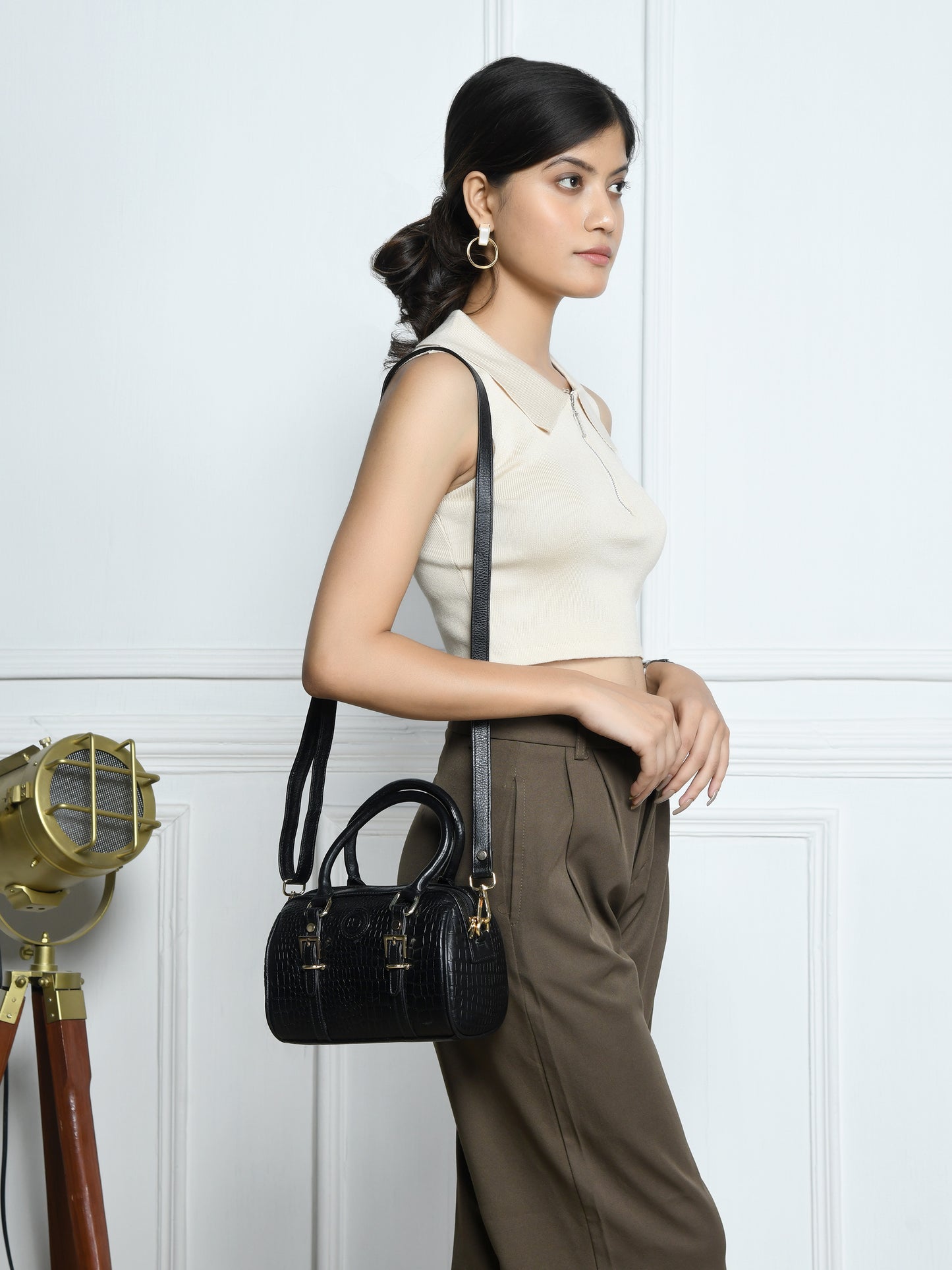 Textured Barrel Satchel - Black