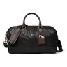 Dark Brown Leather Duffle Bag - front view with top handles, shoulder strap and luggage tag, handcrafted buffalo leather | Hema Emporium