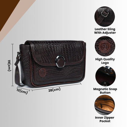 Leather Pouch | zig zag pattern Sling bag - Dark Brown