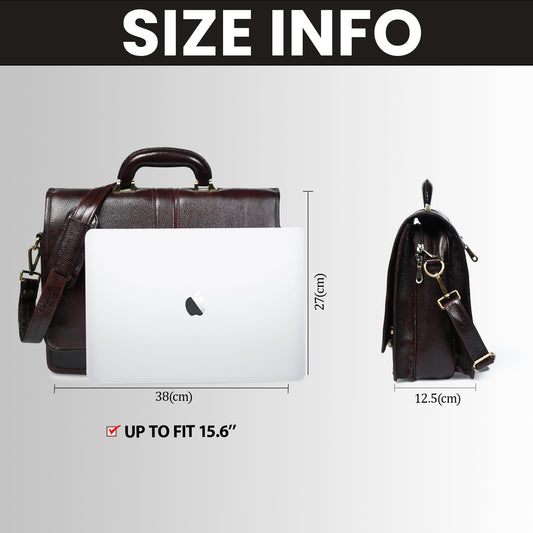 Dark Brown Leather Bag - size dimensions and laptop fitment guide, handcrafted buffalo leather | Hema Emporium