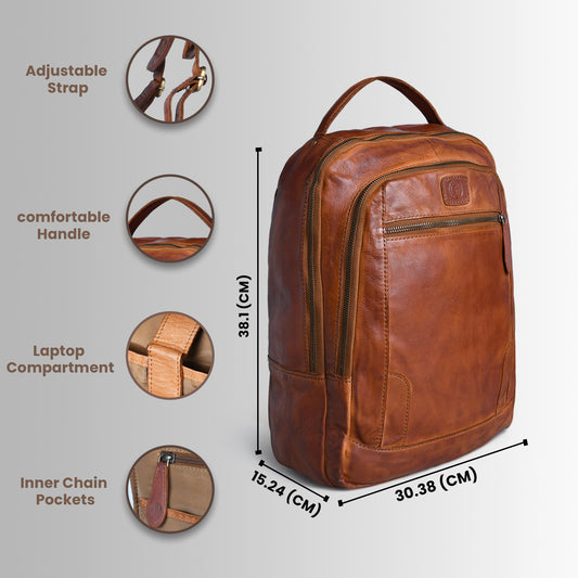 Tan brown leather bag - front view with dimension labels and feature callouts, handcrafted buffalo leather | Hema Emporium