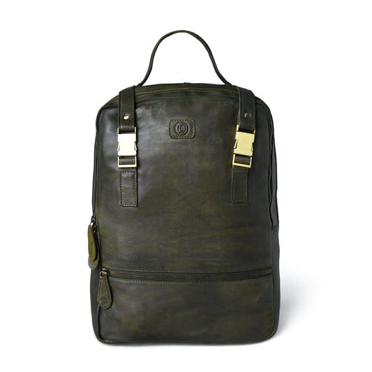 Olive Green leather bag - front view with gold buckle straps, handcrafted buffalo leather | Hema Emporium