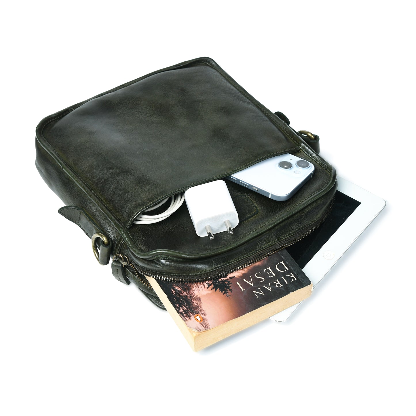 Leather Square Crossbody Bag - Olive Green