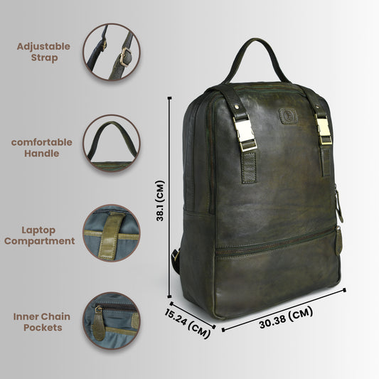 Olive green leather bag - front view with feature callouts, handcrafted buffalo leather | Hema Emporium