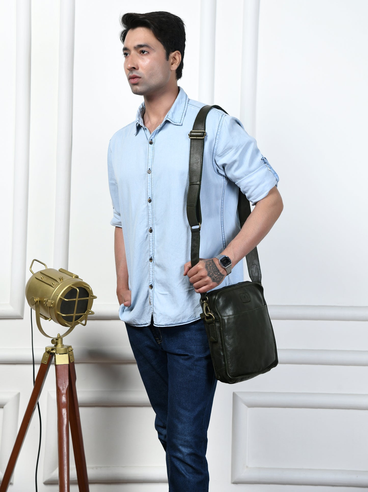 Leather Square Crossbody Bag - Olive Green