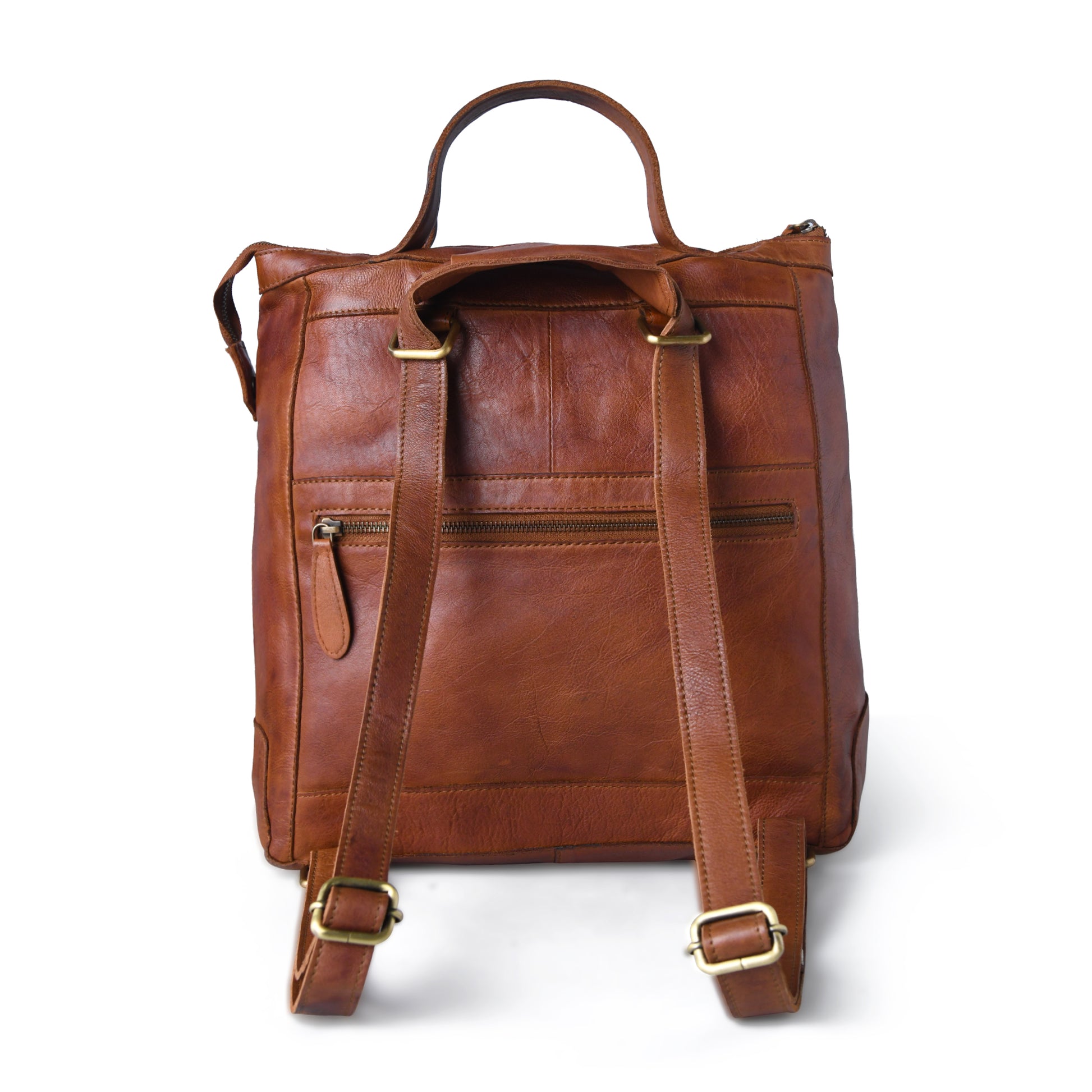 A brown leather backpack shown from the back, featuring dual top handles, a zippered front pocket, and adjustable shoulder straps with gold-tone metal hardware, set against a plain white background.