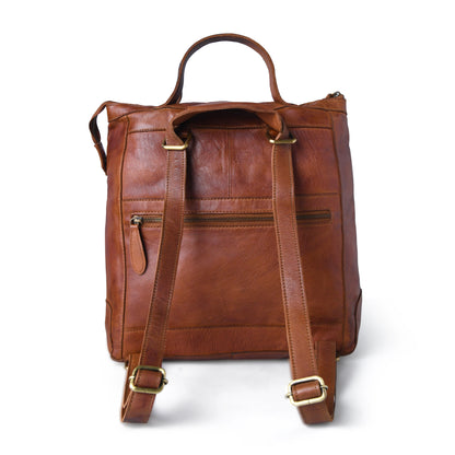 A brown leather backpack shown from the back, featuring dual top handles, a zippered front pocket, and adjustable shoulder straps with gold-tone metal hardware, set against a plain white background.