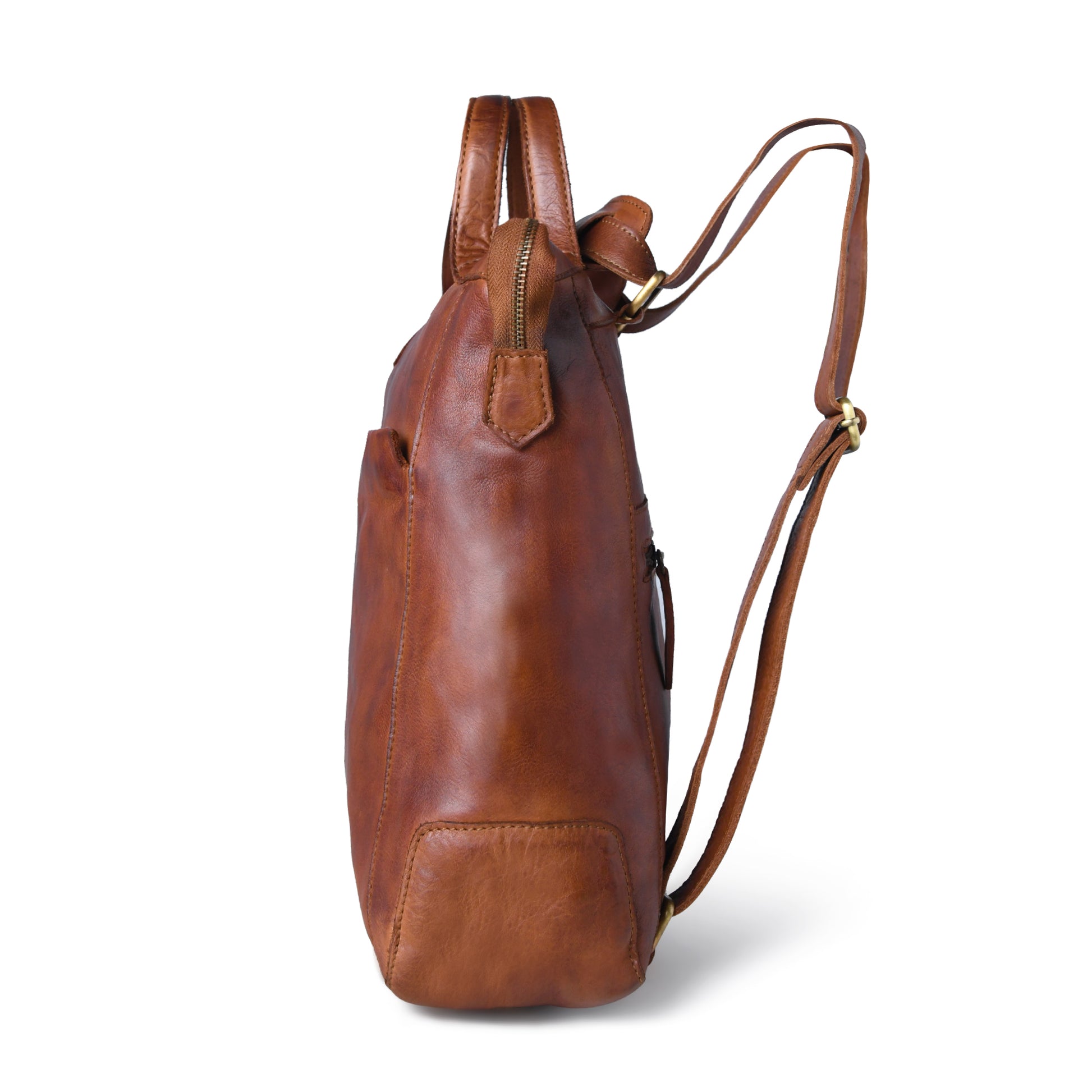 A brown leather shoulder bag shown from the side against a plain white background, featuring a long adjustable strap and gold-tone hardware.