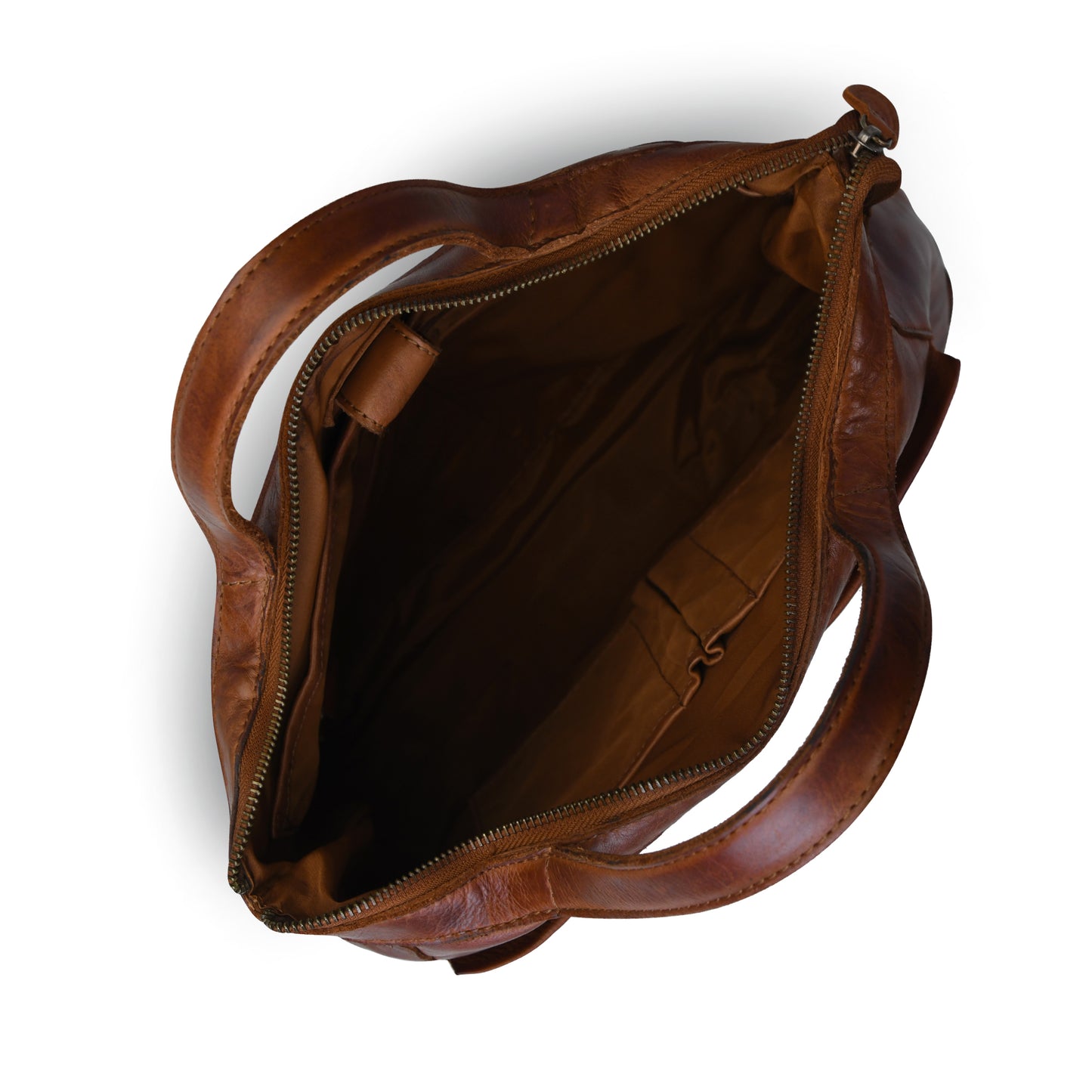 A top-down view of an open brown leather handbag, showing the interior lining and zipper closure, set against a plain white background.