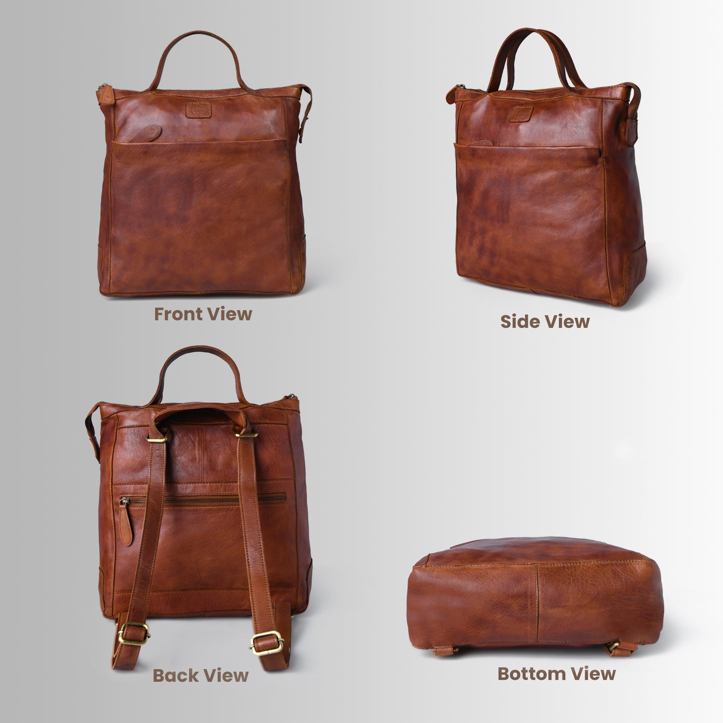Brown leather bag shown from front, side, back, and bottom views on a light gray background.