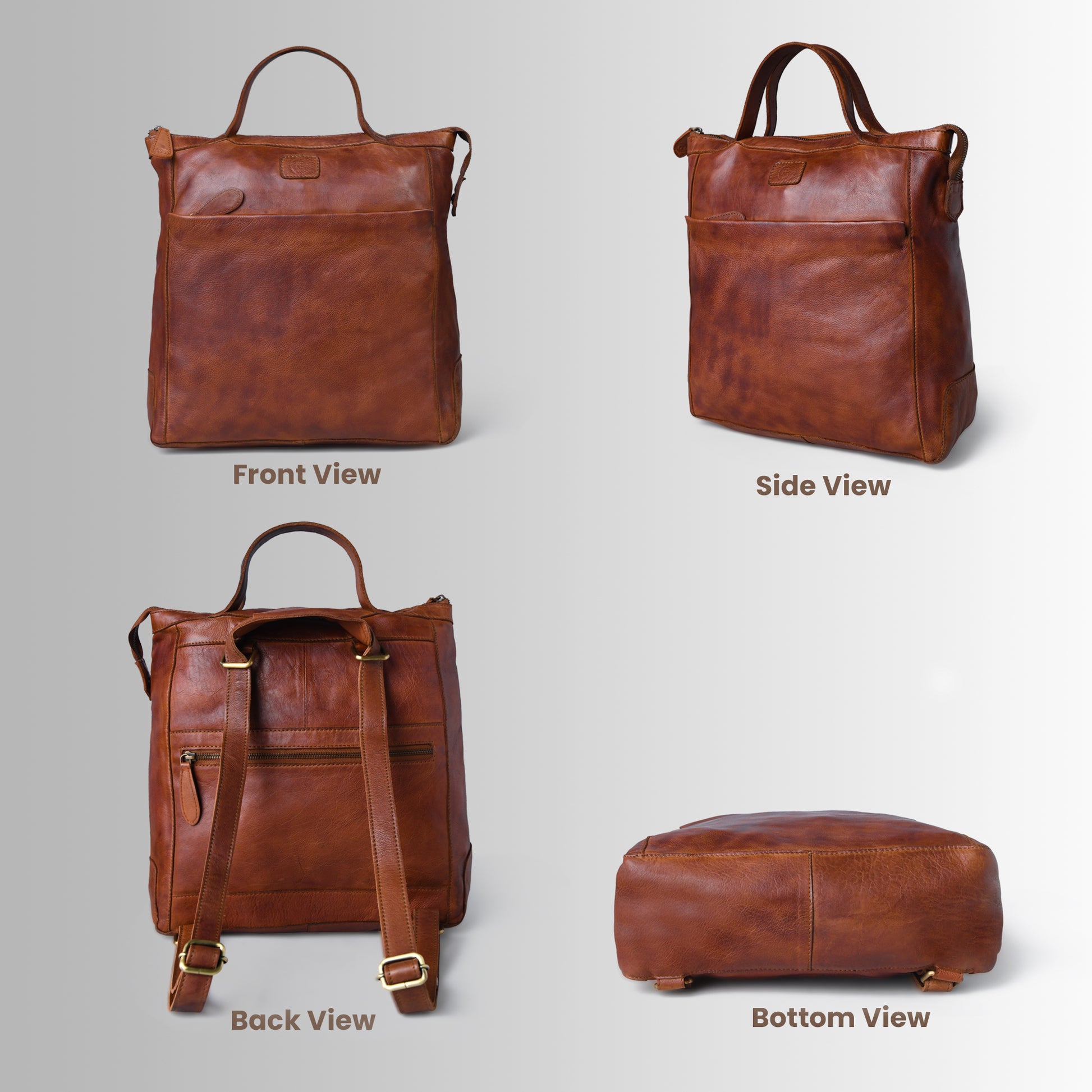 Brown leather bag shown from front, side, back, and bottom views on a light gray background.
