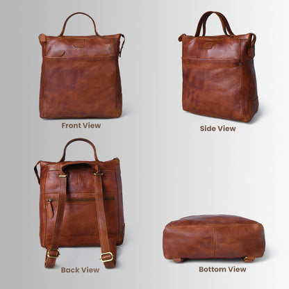 Brown leather bag shown from front, side, back, and bottom views on a light gray background.