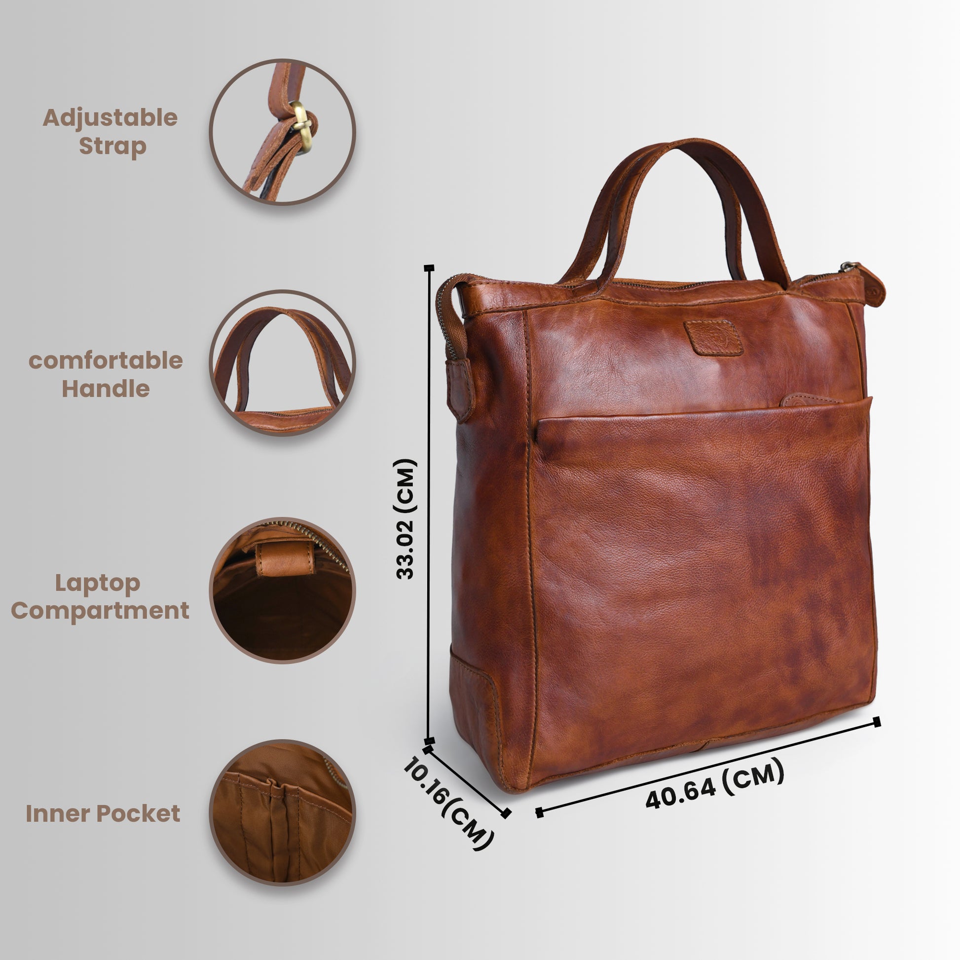 A brown leather tote bag shown on a light gray background with feature callouts and dimensions. The image includes circular insets highlighting an adjustable strap, a comfortable handle, a laptop compartment, and an inner pocket, with measurements labeled in centimeters.
