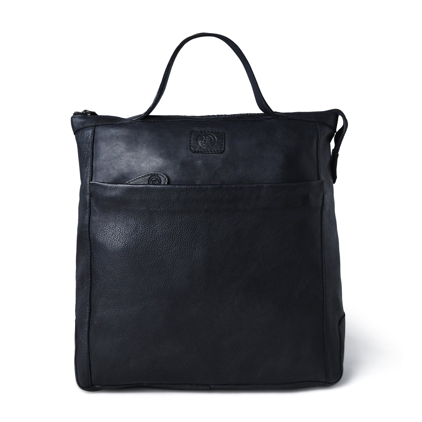 A black leather tote bag with a top handle, a front slip pocket, and a small embossed logo patch, shown against a plain white background.