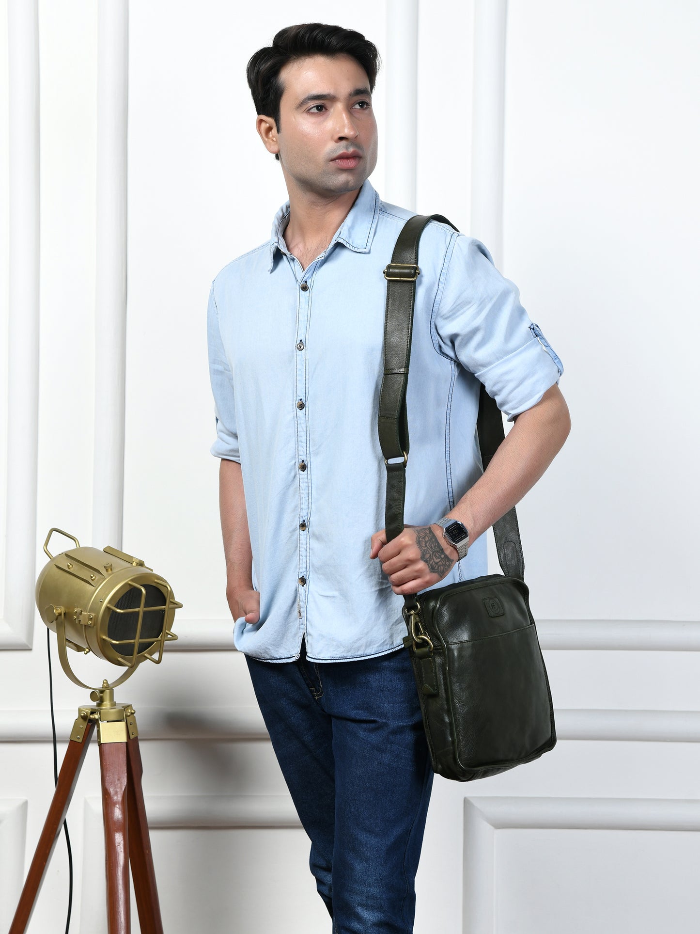 Leather Square Crossbody Bag - Olive Green