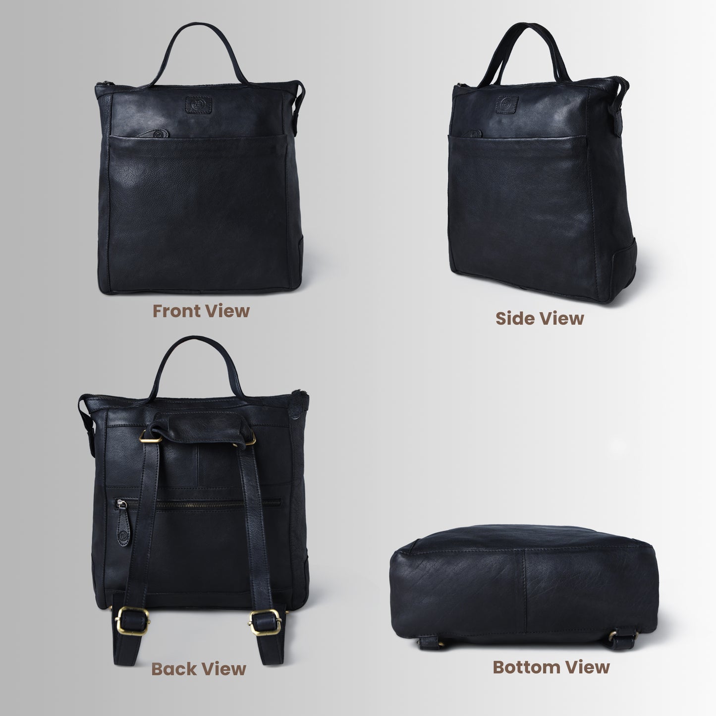 Black leather backpack shown from front, side, back, and bottom views on a gray background.