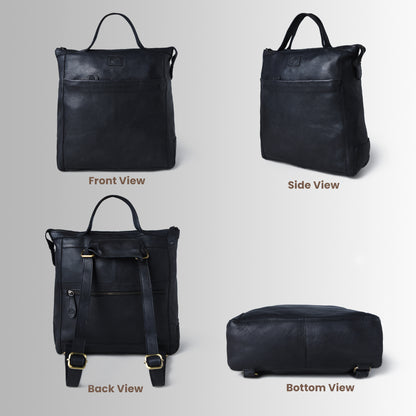 Black leather backpack shown from front, side, back, and bottom views on a gray background.