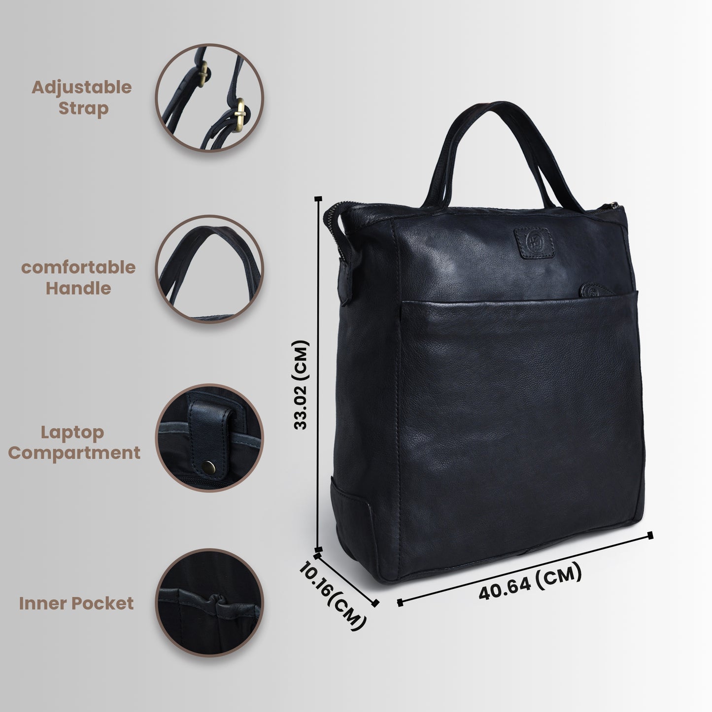 Black leather bag with measurements and feature icons on a white background