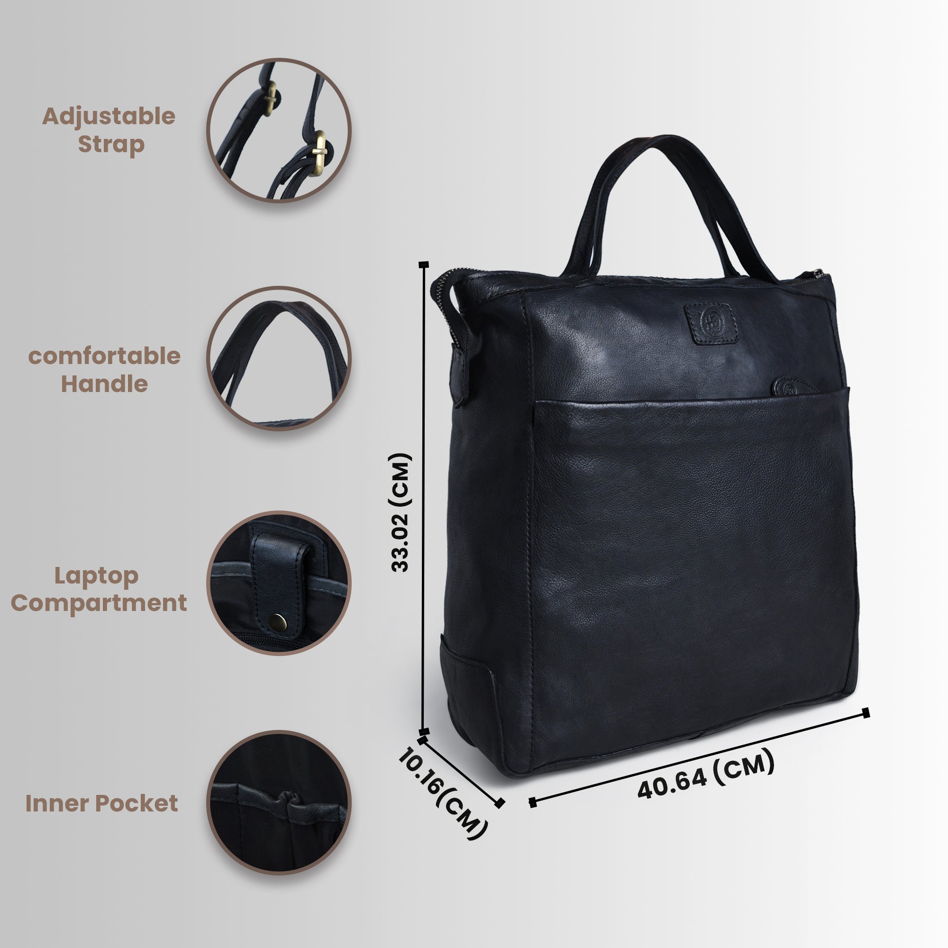 Black leather bag with measurements and feature icons on a white background