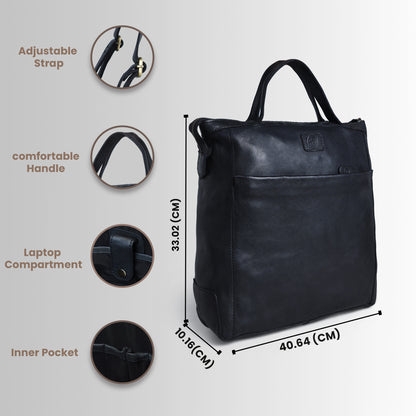 Black leather bag with measurements and feature icons on a white background