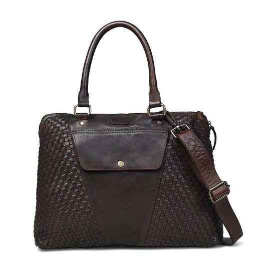 Dark Brown leather handbag with woven pattern on a light gray background