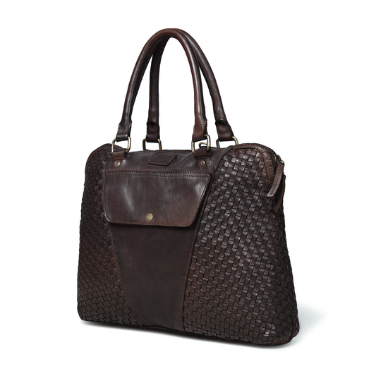 A dark brown leather handbag with a woven basketweave pattern on the sides and a smooth leather front pocket, shown on a white background.