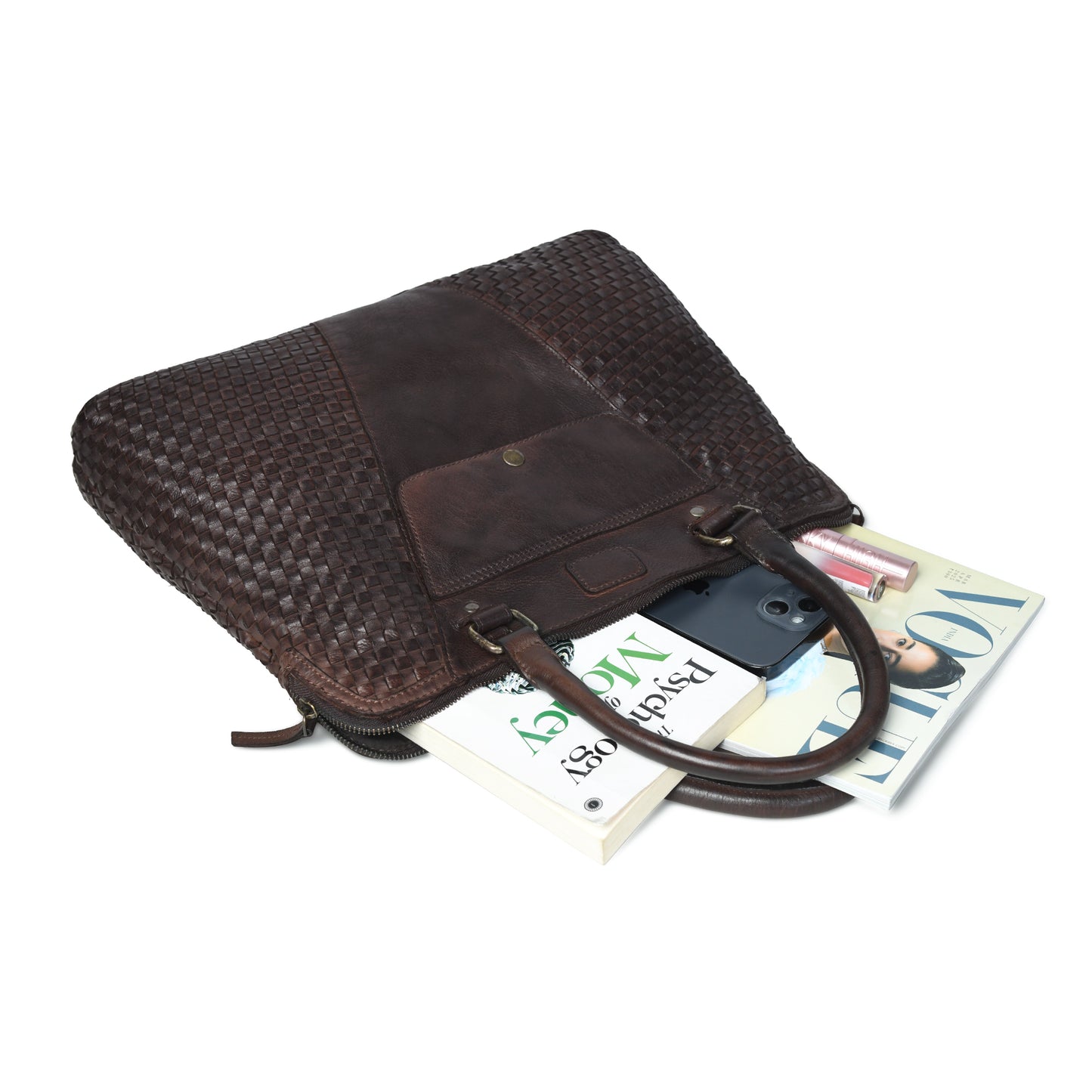 Handwoven Leather Tote Bag for Women with Trolley Sleeve