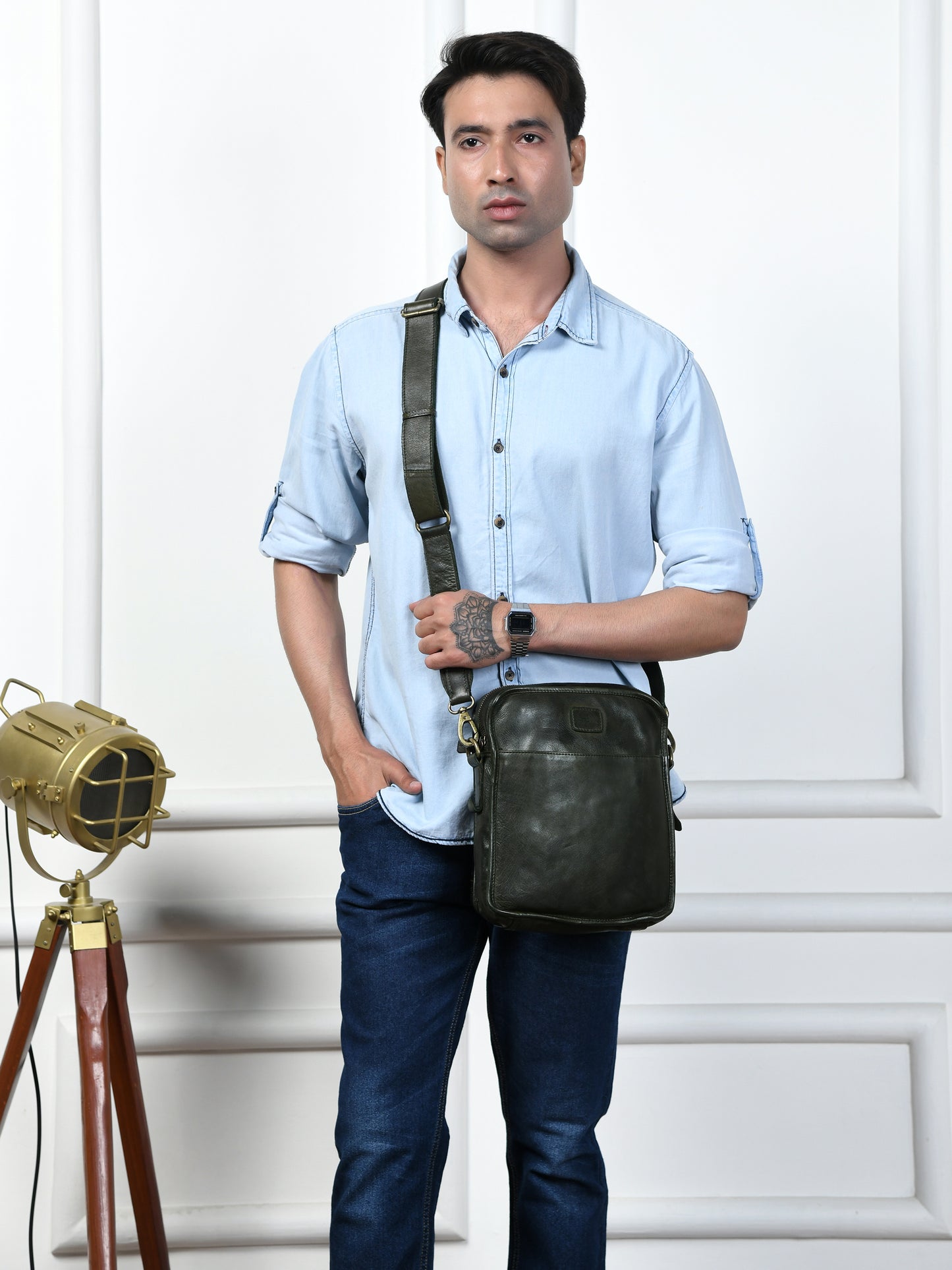 Leather Square Crossbody Bag - Olive Green