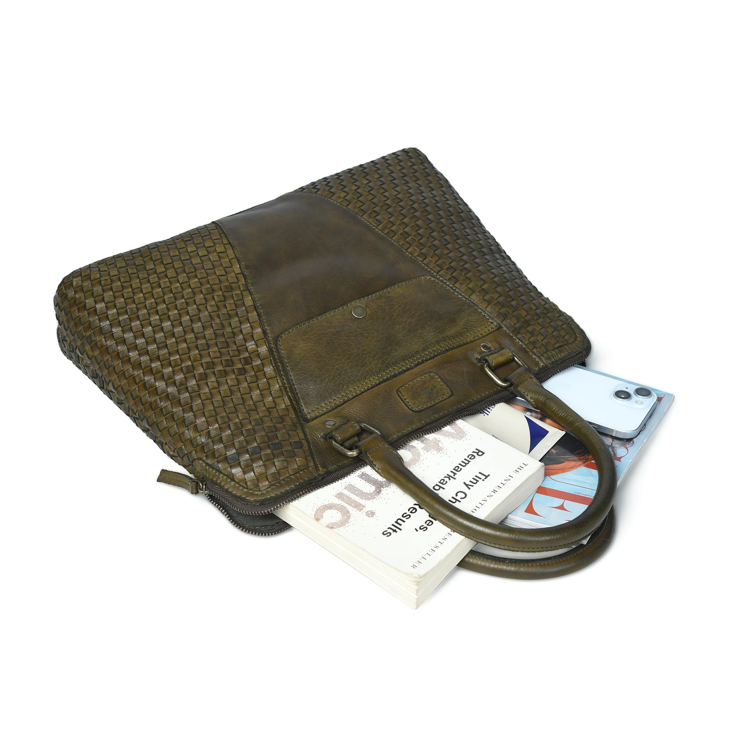 Handwoven Leather Tote Bag for Women with Trolley Sleeve