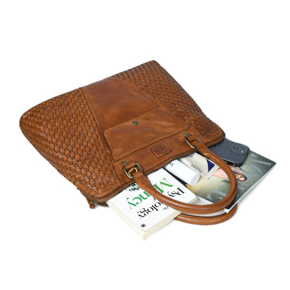 Handwoven Leather Tote Bag for Women with Trolley Sleeve